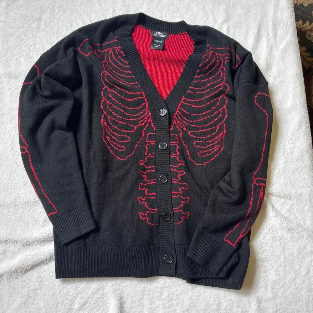 Social Collision Black and red rib cage cardigan skeleton stitching small euc